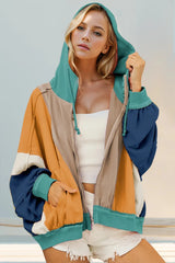 Double Take Full Size Color Block Zip Up Hoodie 