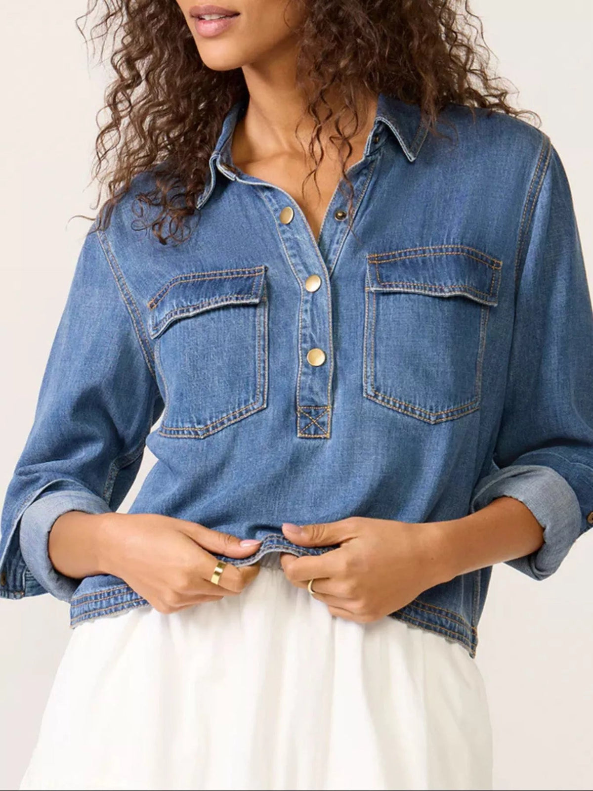 Half Snap Cropped Denim Top 