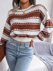 Color Block Round Neck Cropped Sweater 