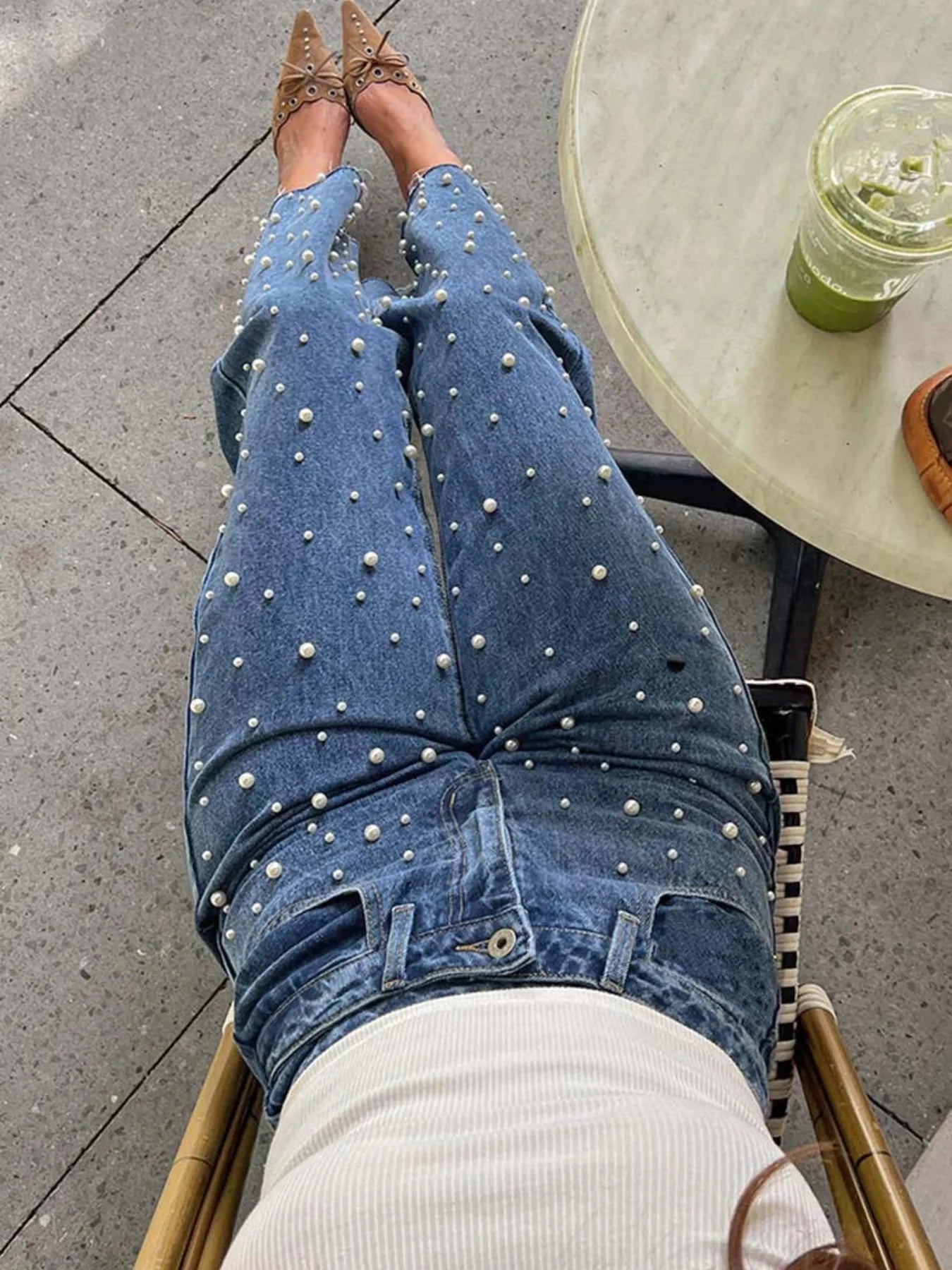 Pearl Embellished High Waist Straight Leg Jeans 