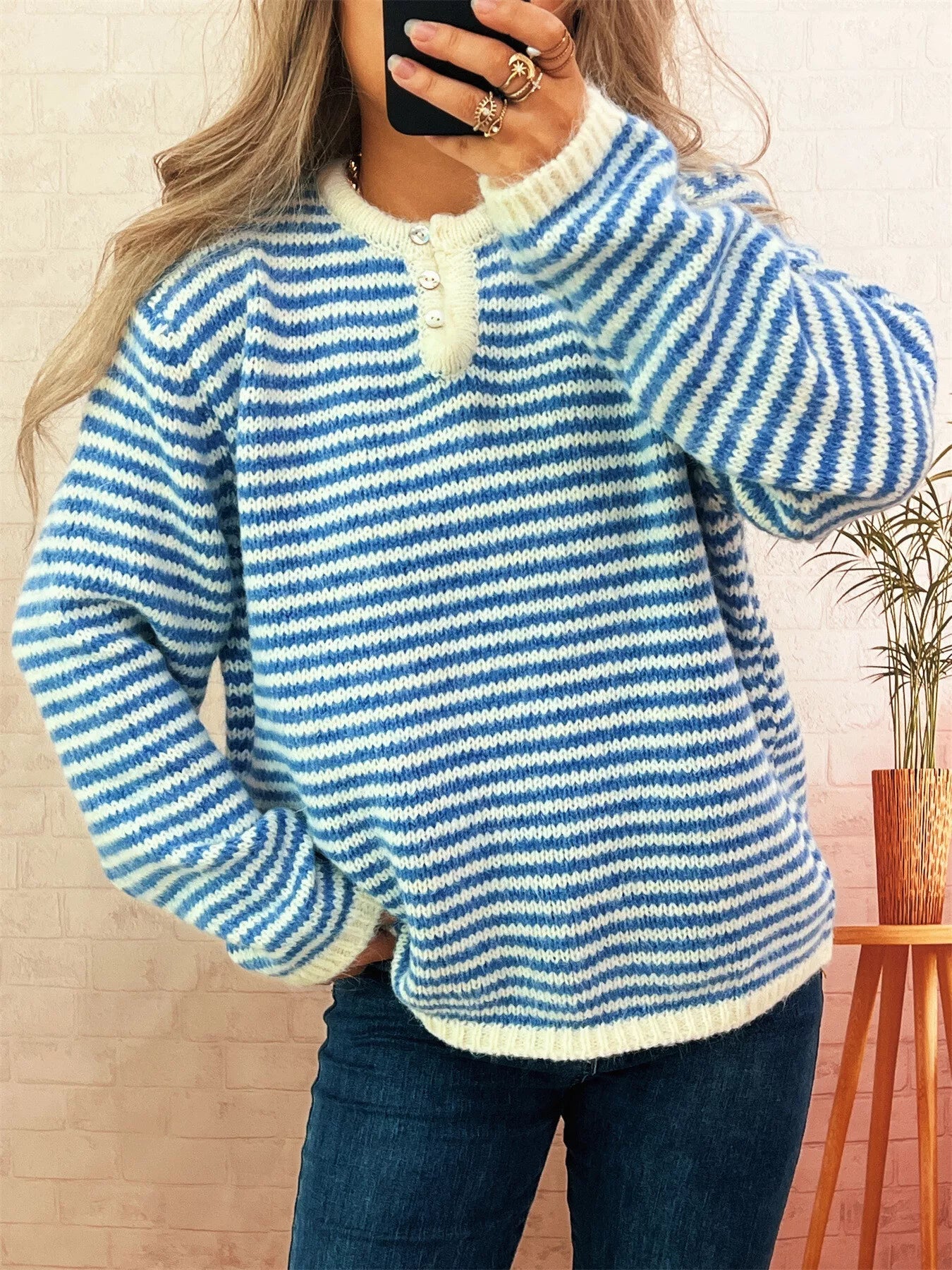 Striped Button Detail Long Sleeve Sweater 