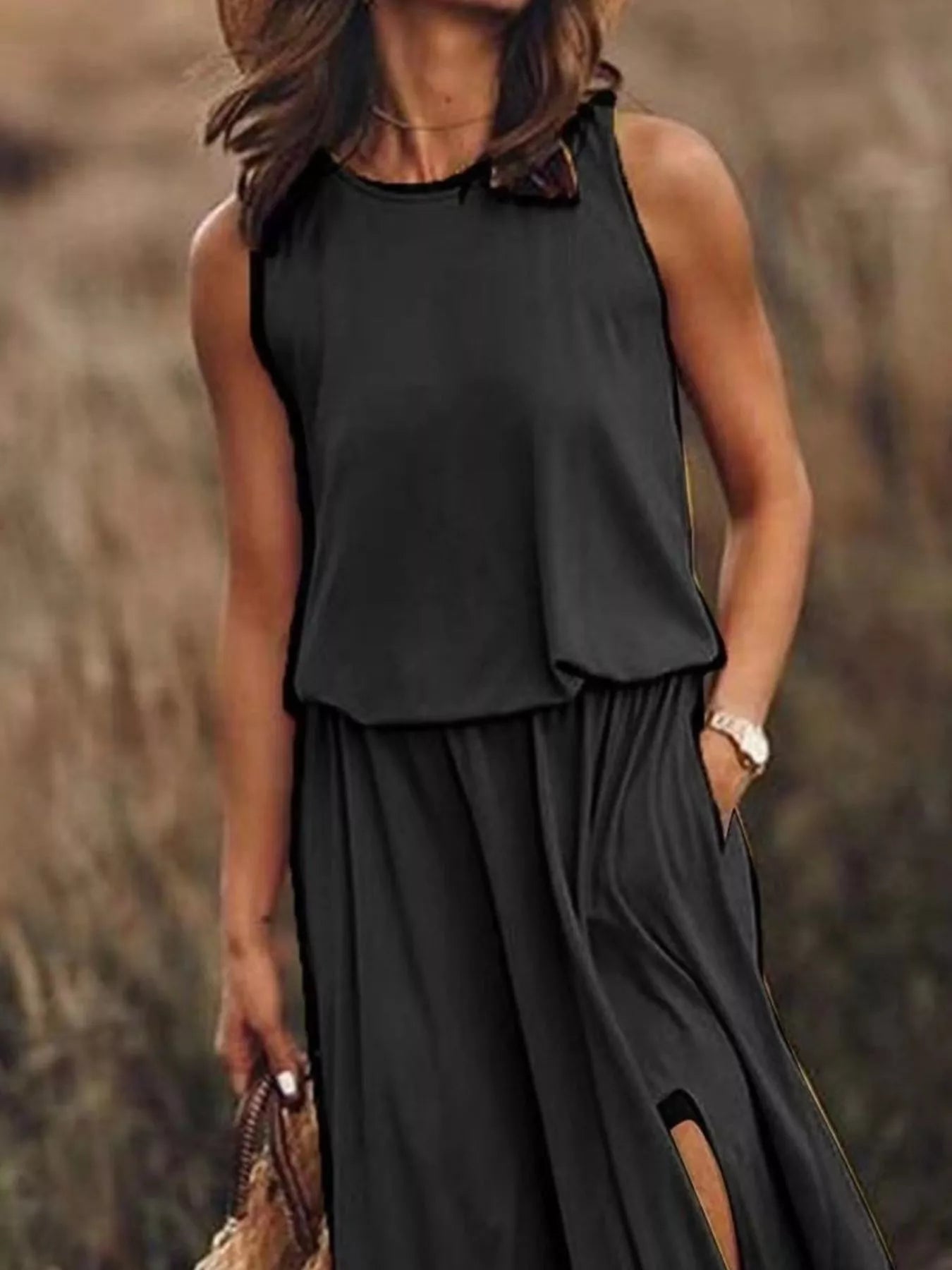 Full Size Round Neck Sleeveless Slit Maxi Dress Plus Size 