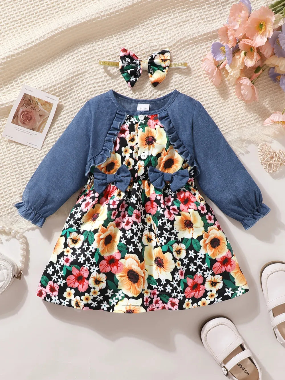Children's Ruffled Bow Contrast Floral Dress with Headband 