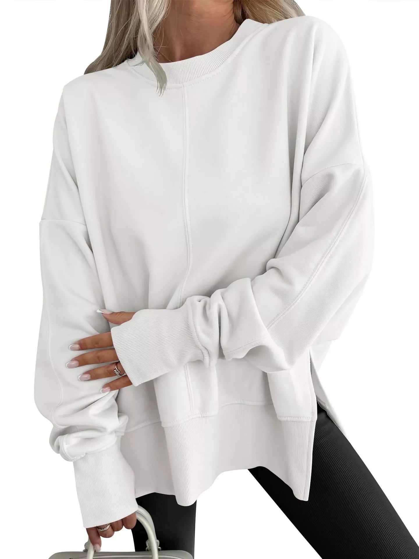 Side Slit Round Neck Long Sleeve Sweatshirt 