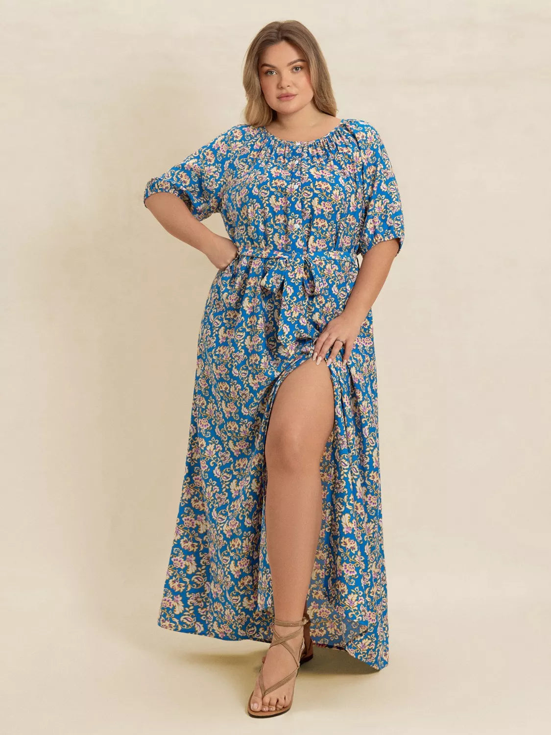 Plus Size Floral Print Maxi Dress with Side Slit 