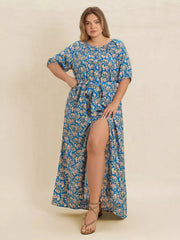 Plus Size Floral Print Maxi Dress with Side Slit 