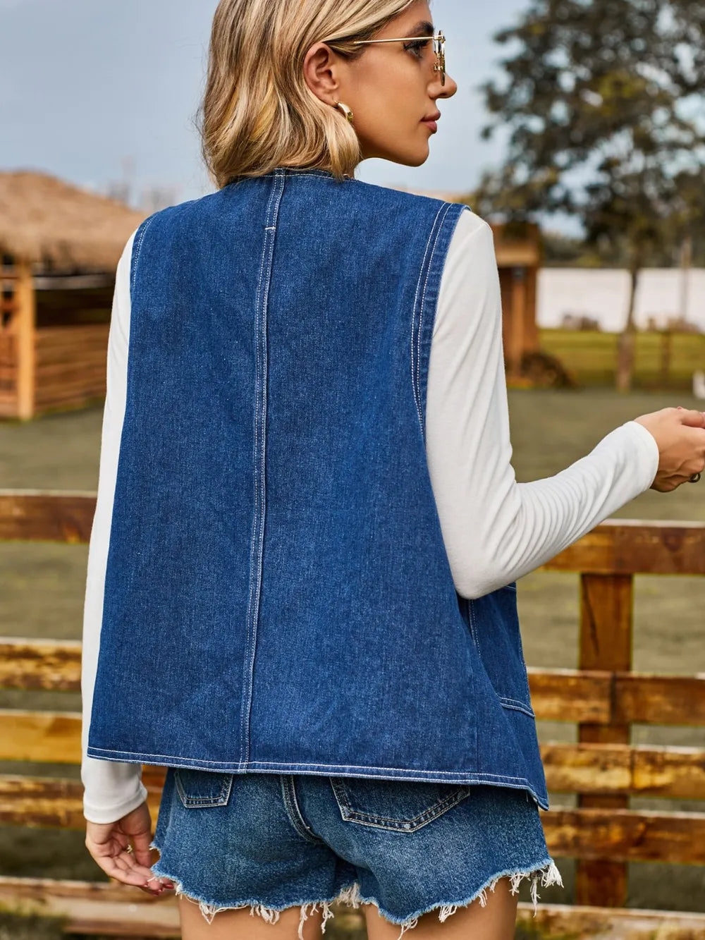 Pocketed Button Up Sleeveless Denim Jacket 