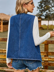 Pocketed Button Up Sleeveless Denim Jacket 