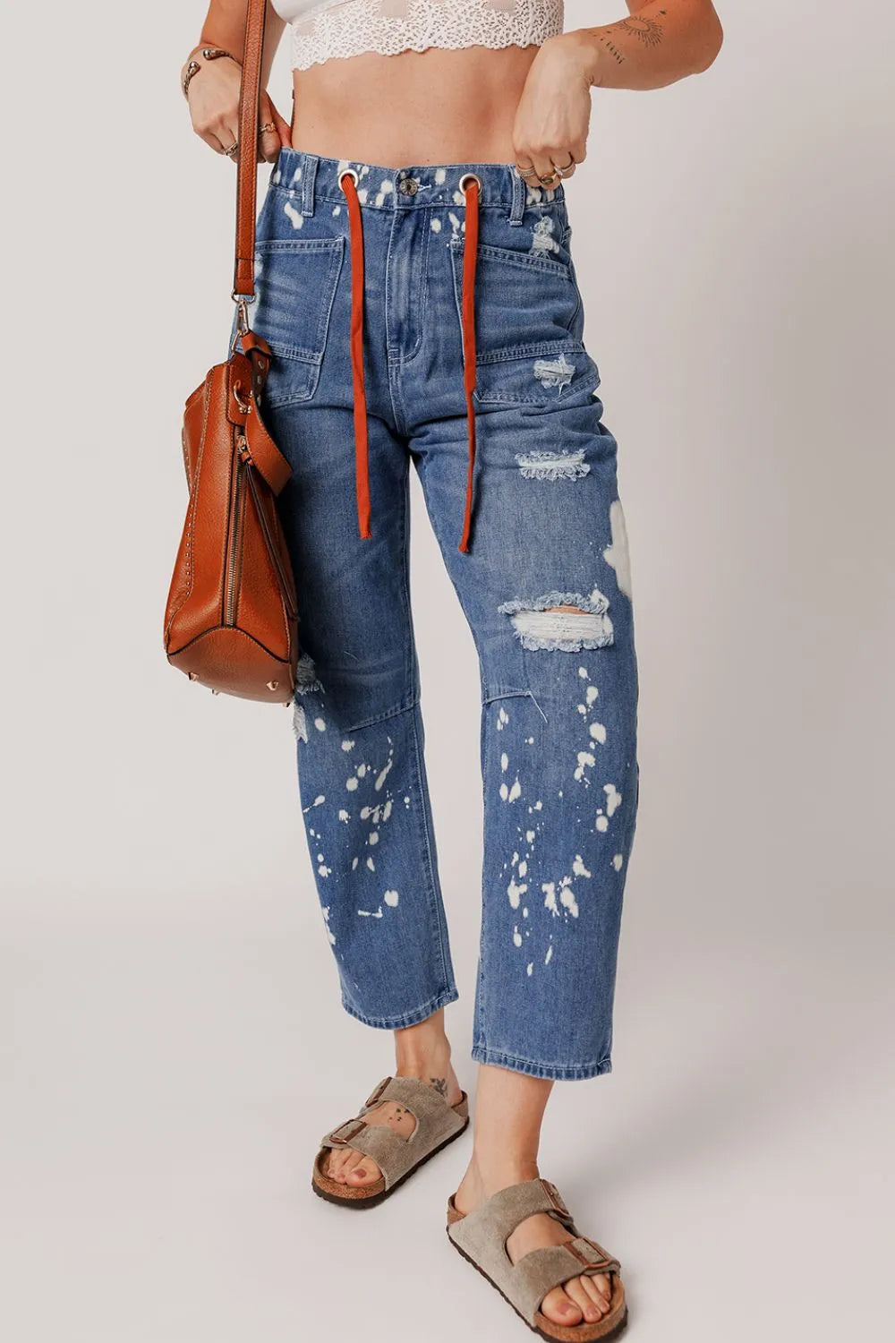 Distressed Splattering Paint Rope Waist Cropped Straight Jeans 