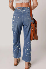 Distressed Splattering Paint Rope Waist Cropped Straight Jeans 