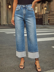 High Waisted Straight Leg Rolled Jeans 