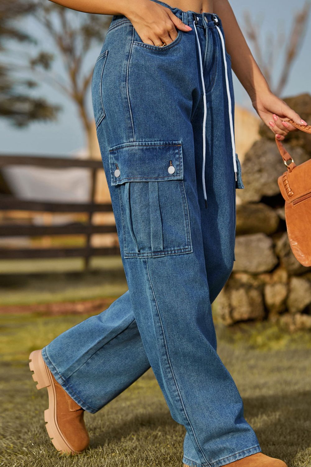 Loose Fit Drawstring Jeans with Pocket 