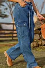 Loose Fit Drawstring Jeans with Pocket 