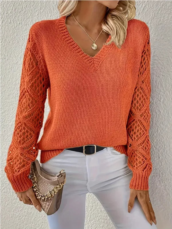 Openwork V-Neck Long Sleeve Sweater 