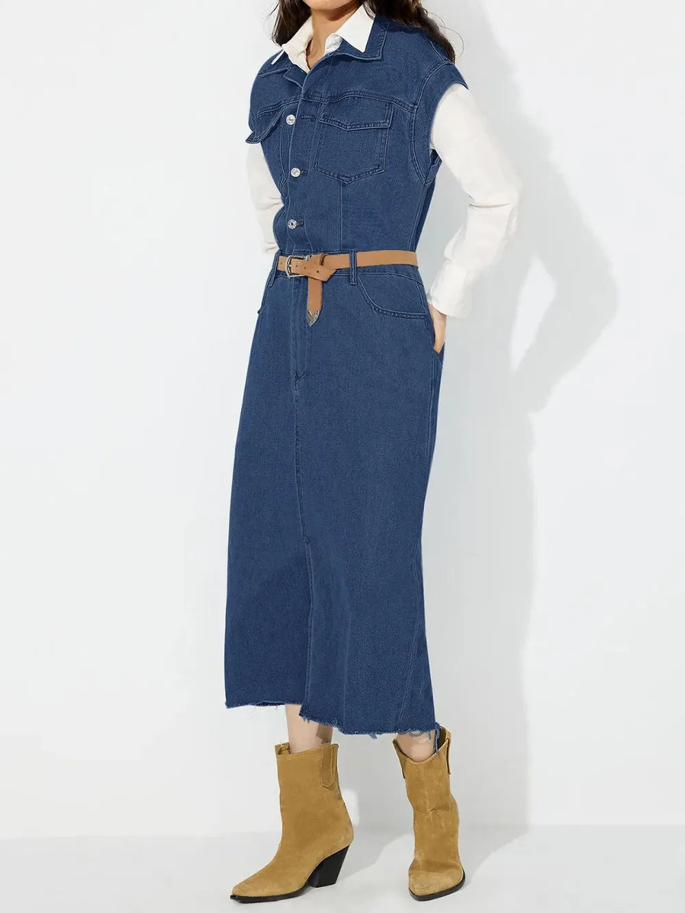 Slit Half Button Collared Neck Cap Sleeve Denim Dress 