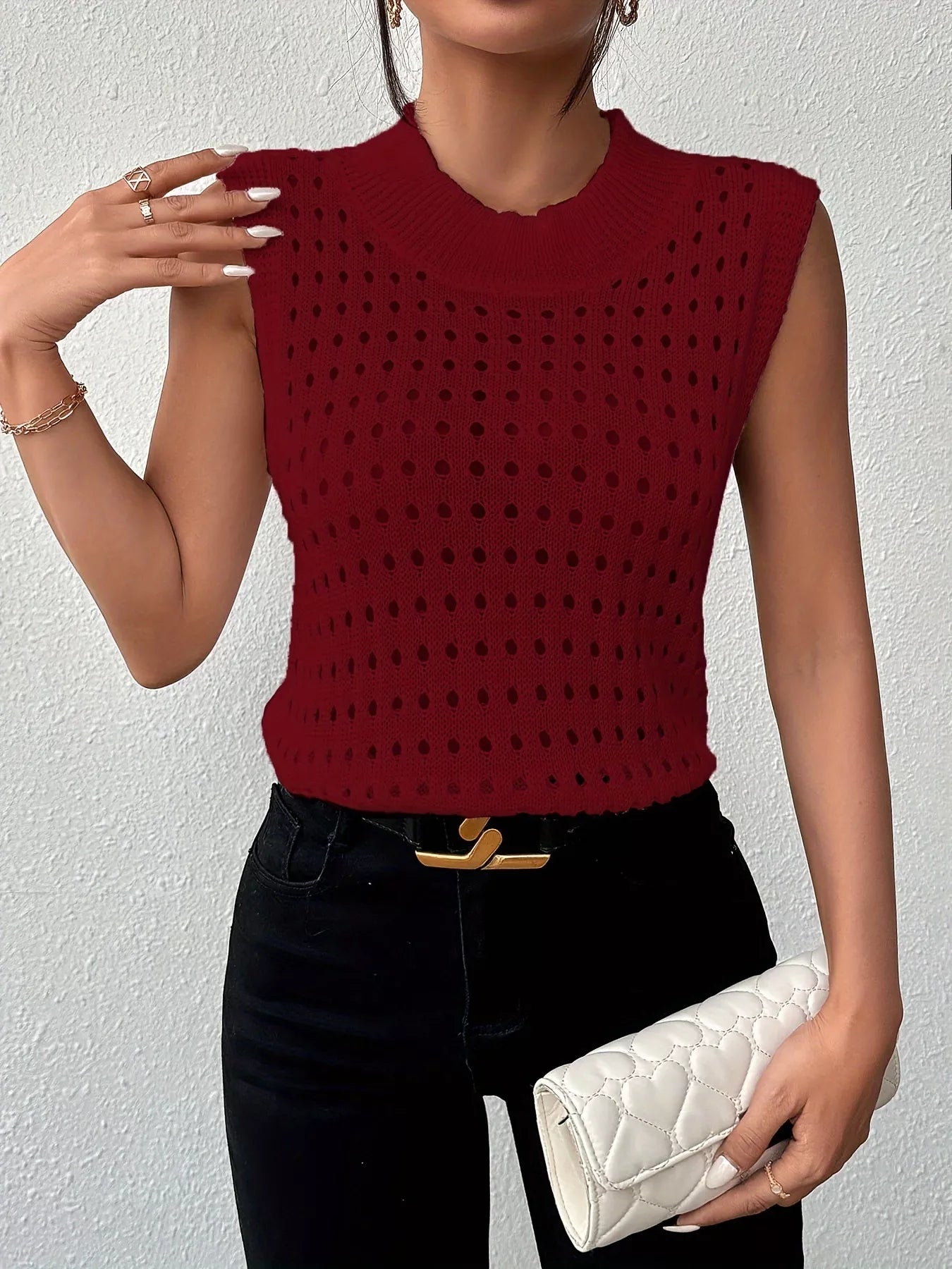 Hollow Out Round Neck Knit Tank 