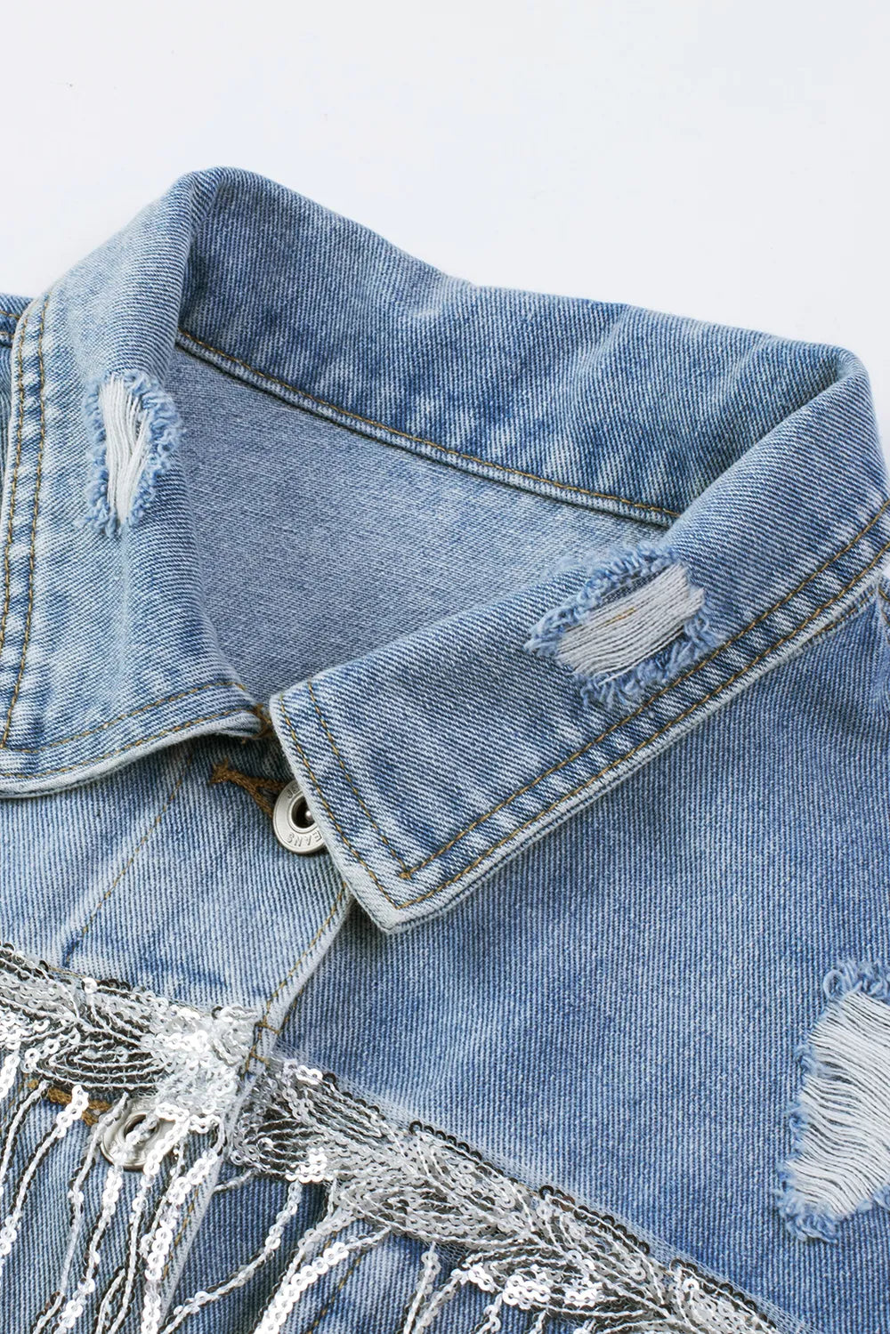Sequin Fringe Trim Distressed Button Up Denim Jacket 