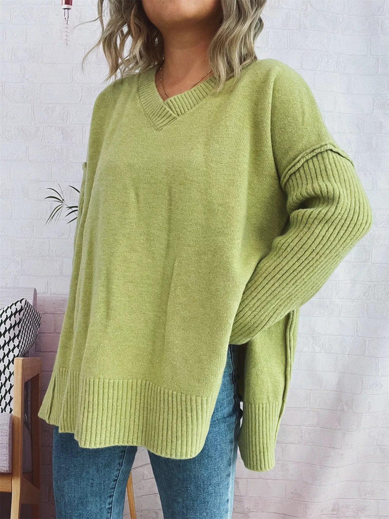 V-Neck Dropped Shoulder Sweater 