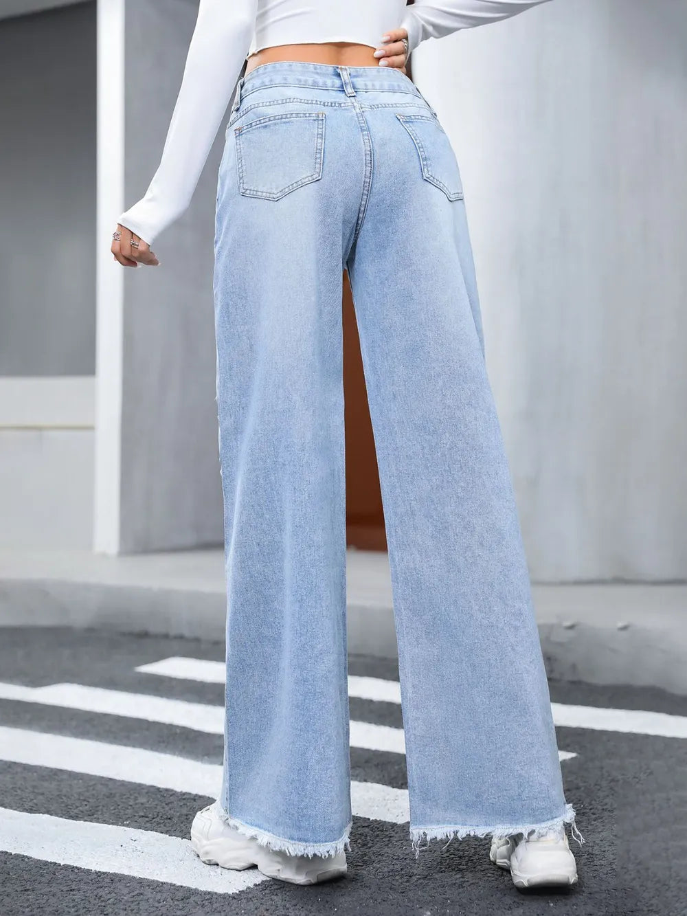 Distressed Raw Hem Wide Leg Jeans 