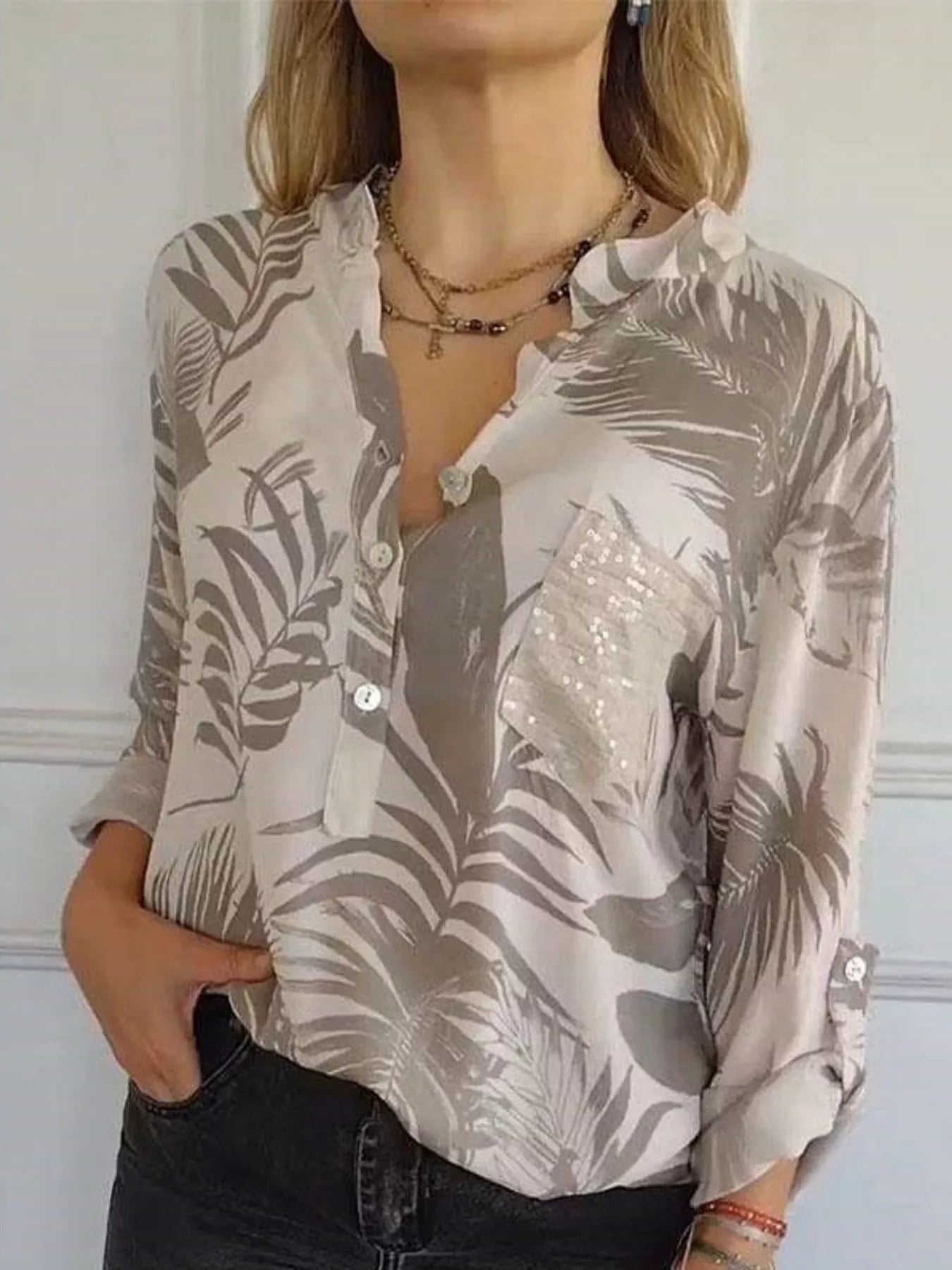 Full Size Printed Button Detail Long Sleeve Blouse Plus Size 