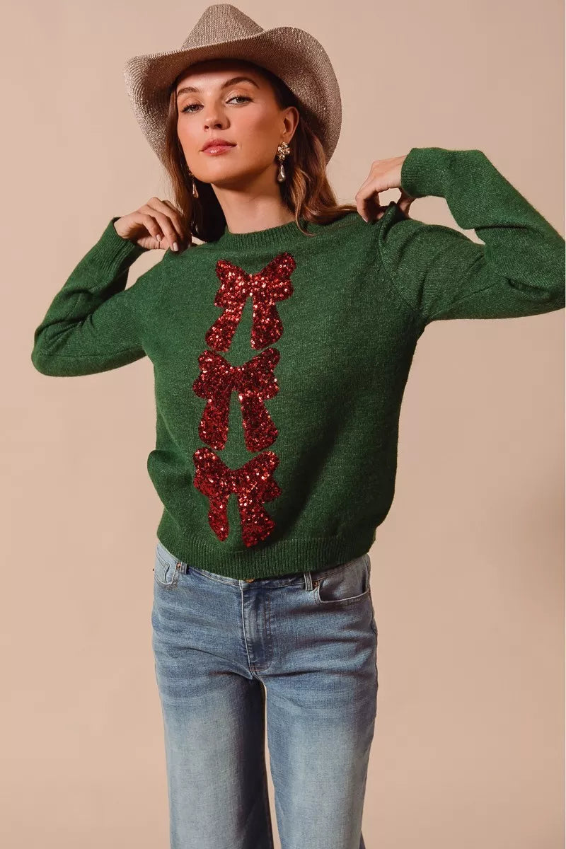 SO ME Sequins Bow Ribbon Embellished Christmas Sweater 
