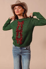 SO ME Sequins Bow Ribbon Embellished Christmas Sweater 