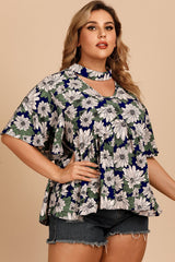 Plus Size Floral Flutter Sleeve Cutout Blouse 