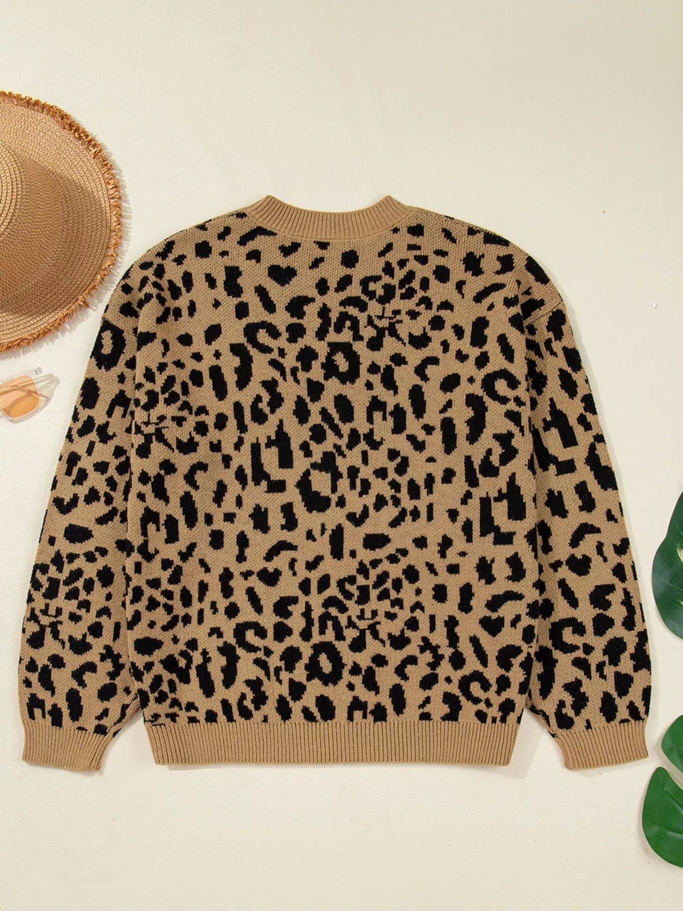 Ribbed Trim Round Neck Leopard Drop Shoulder Sweater 