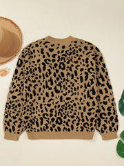 Ribbed Trim Round Neck Leopard Drop Shoulder Sweater 