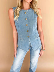 Sleeveless Button-Front Denim Vest 