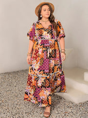 Plus Size Printed V-Neck Half Sleeve Maxi Dress 