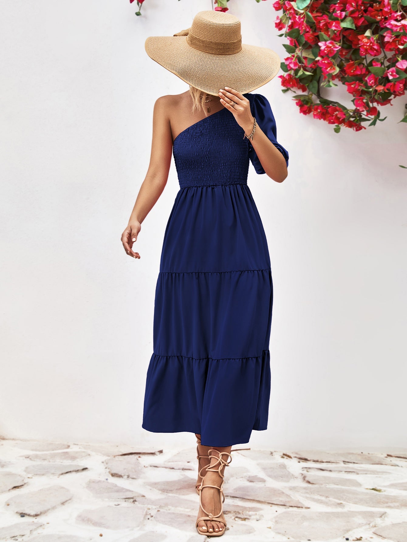 Smocked One-Shoulder Midi Dress 