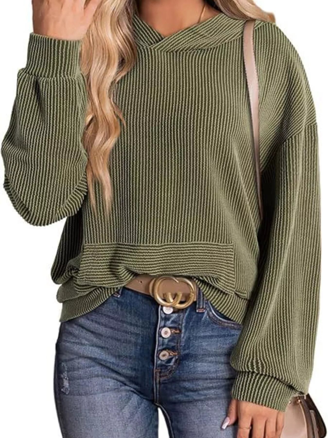 Ribbed Oversized Hoodie Sweatshirt with Pocket 