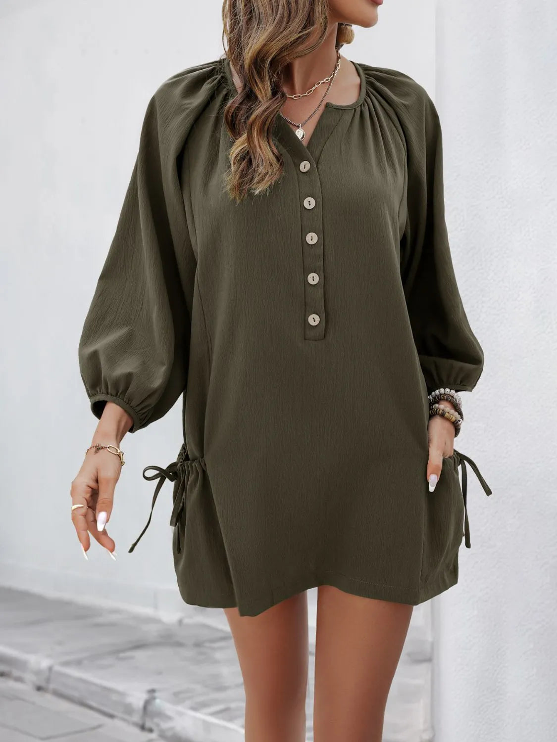 Button Front Balloon Sleeve Dress 