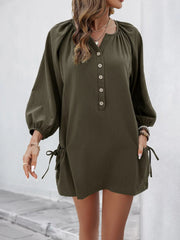 Button Front Balloon Sleeve Dress 