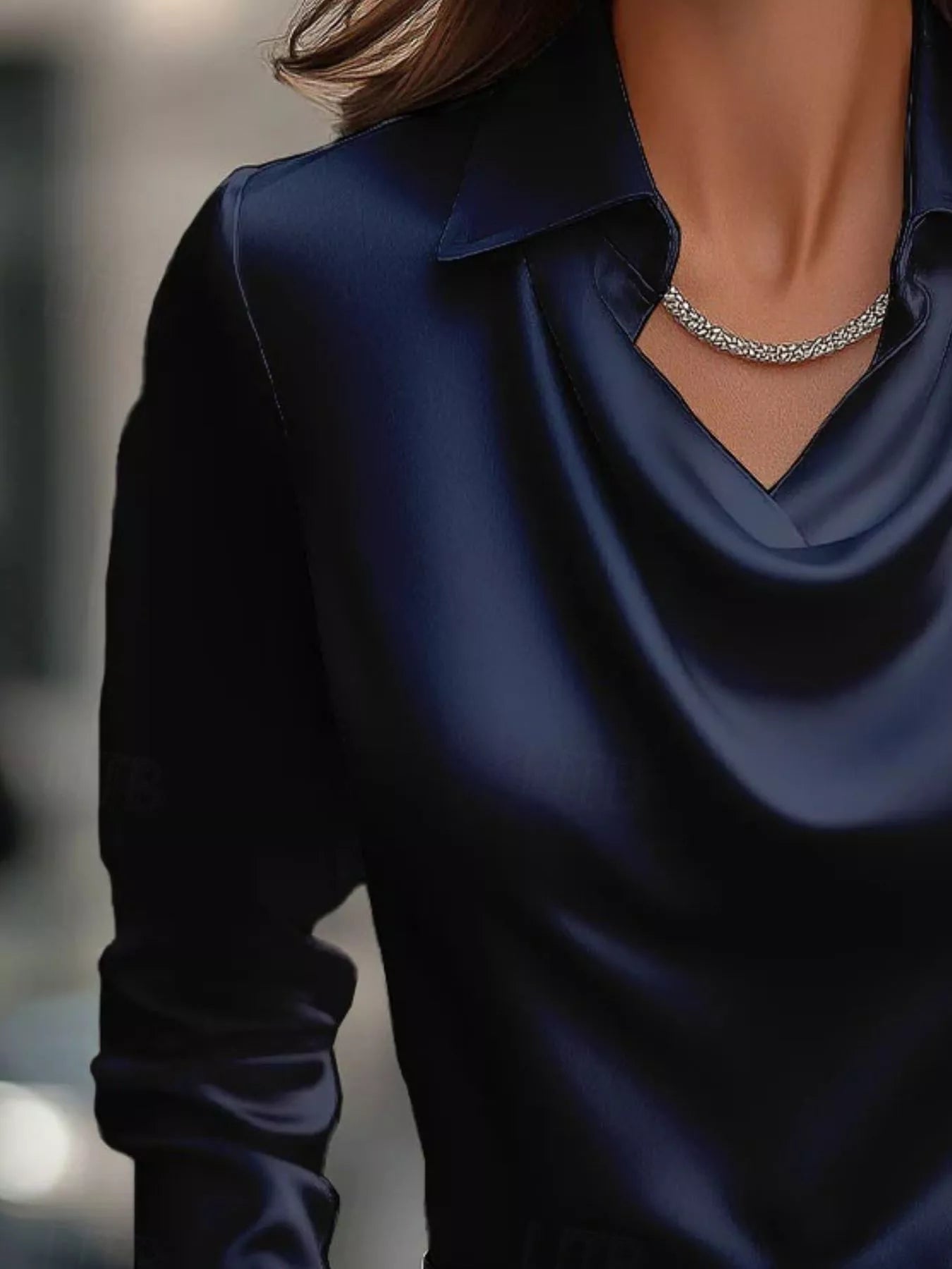 Ruched Long Sleeve Drape Collar Blouse 