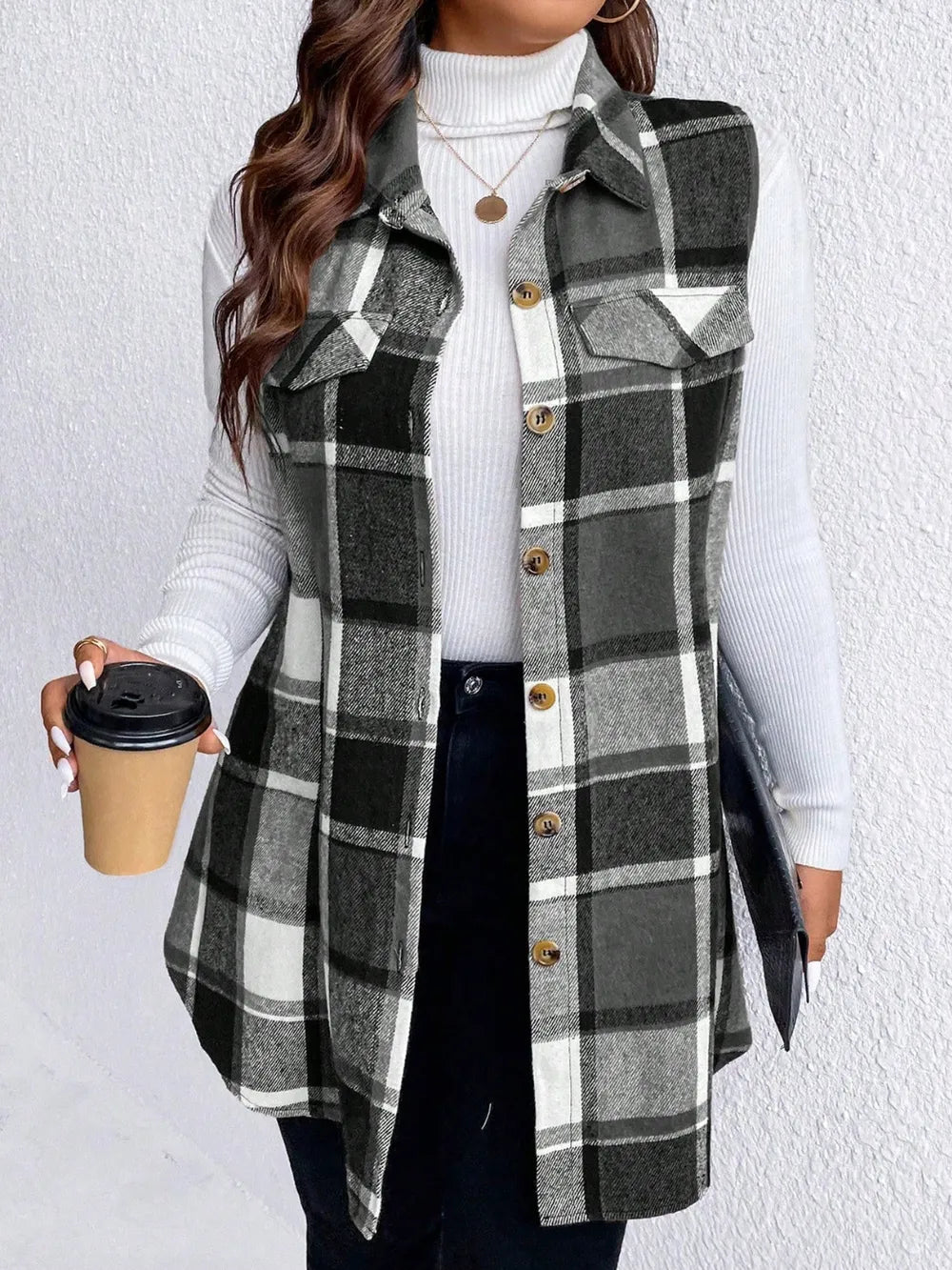 Honey Plus Size Pocketed Plaid Button Up Vest Coat 