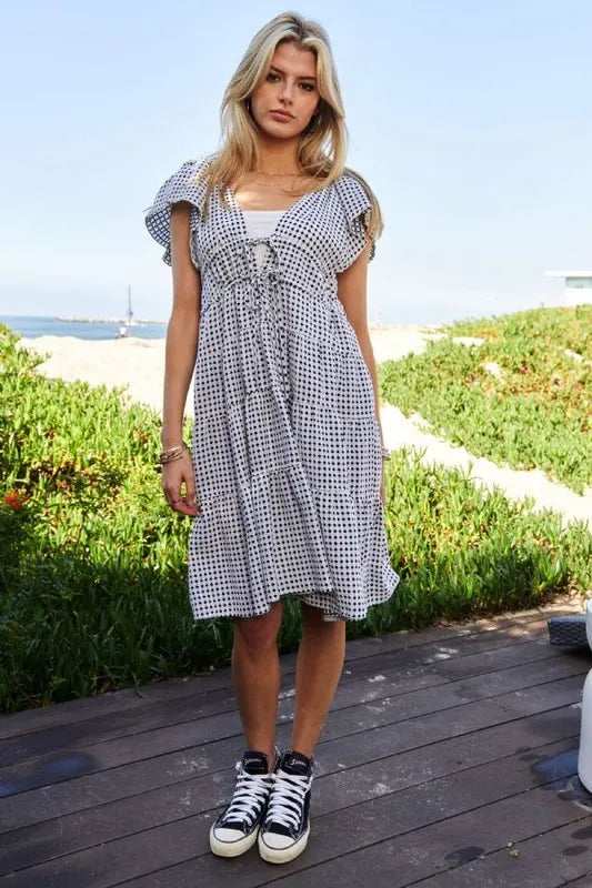 Davi & Dani Jacquard V-Neck Flutter Cap Sleeve Tiered Dress 