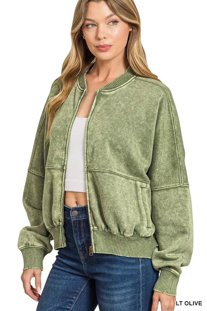 Zenana Acid Washed Fleece Jacket 