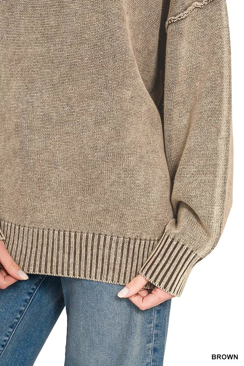 Zenana Washed Deep V-neck Oversized Sweater 