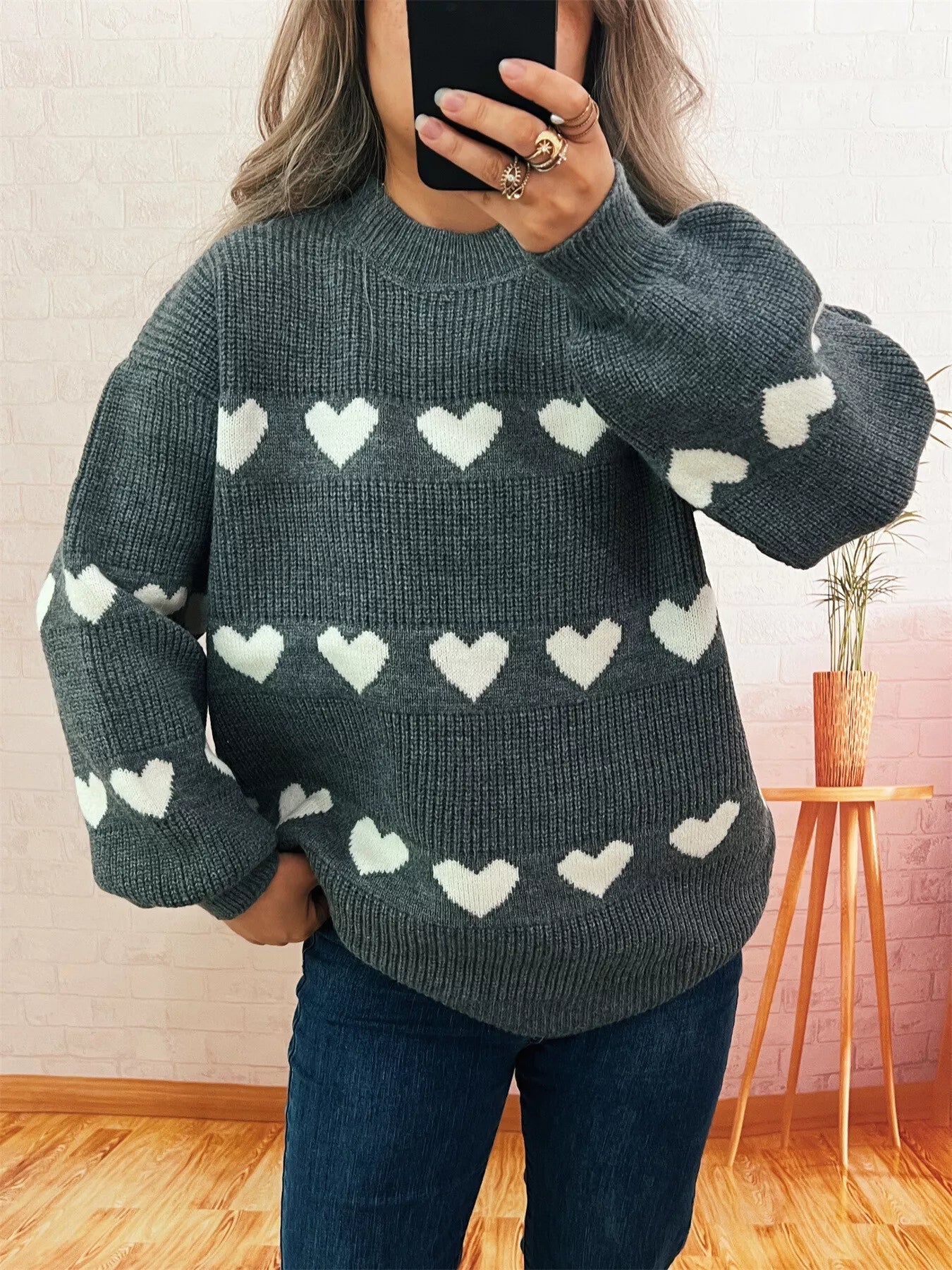 Heart Pattern Dropped Shoulder Sweater 