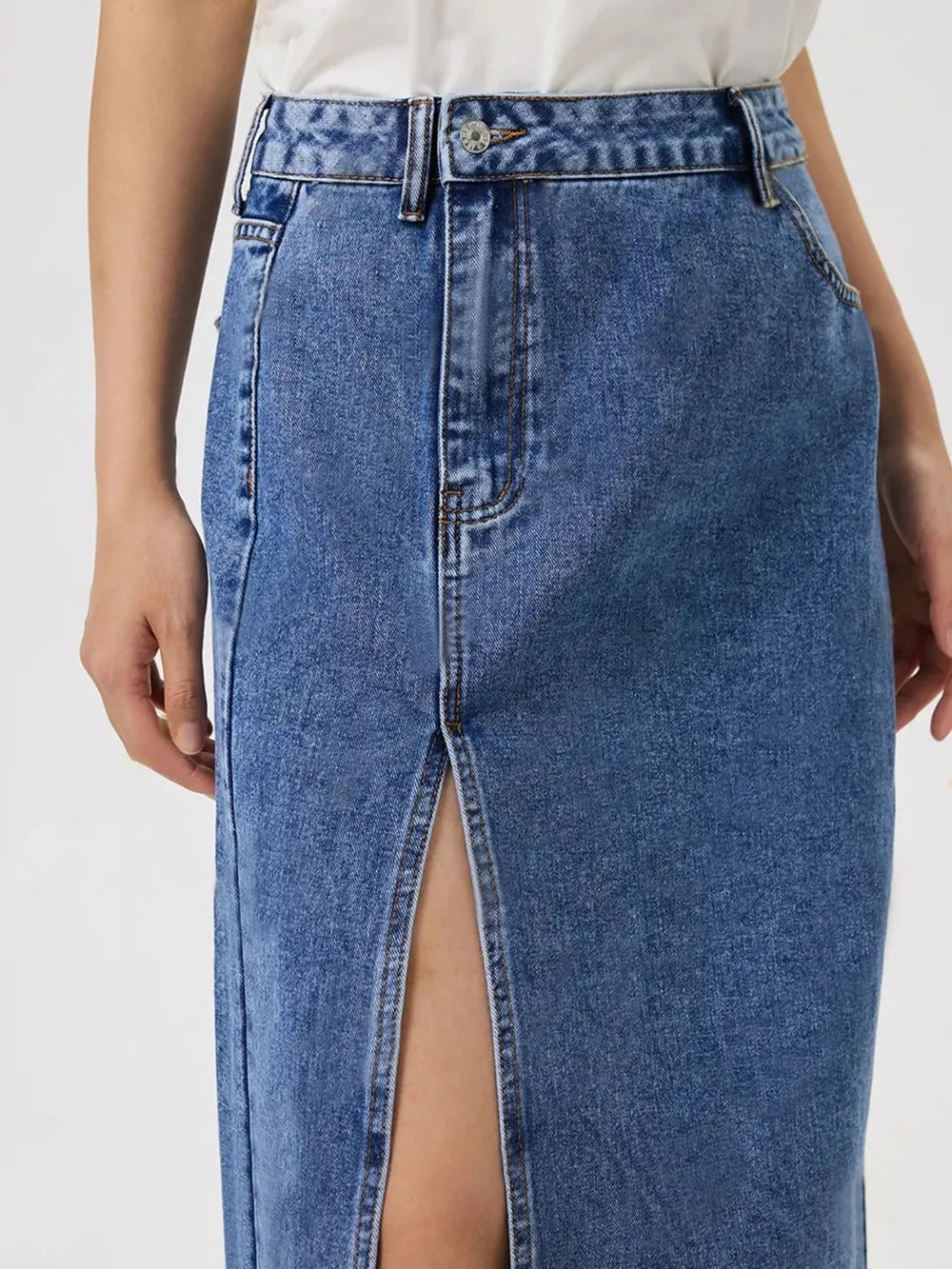 Slit Midi Denim Skirt with Pockets 