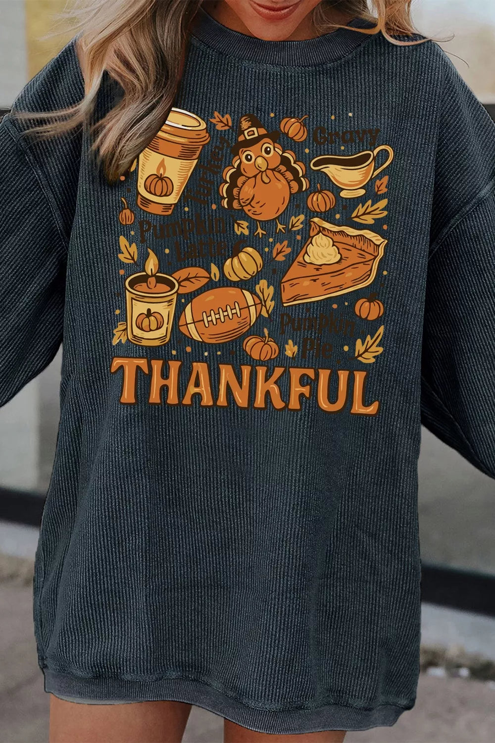 Thankful Thanksgiving Graphic Long Sleeve Sweatshirt 