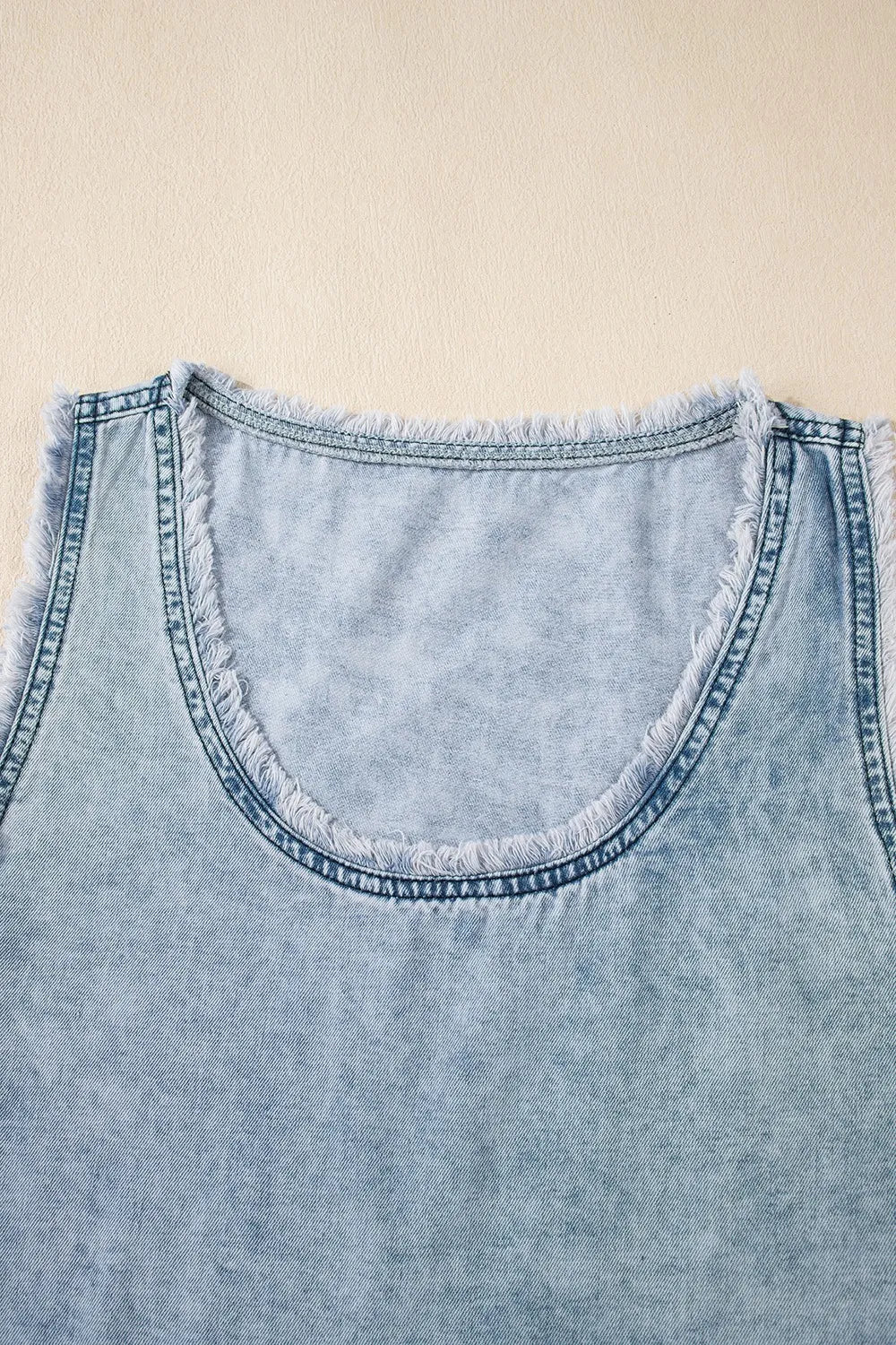 Mineral Wash Denim Frayed U Neck Sleeveless Top 