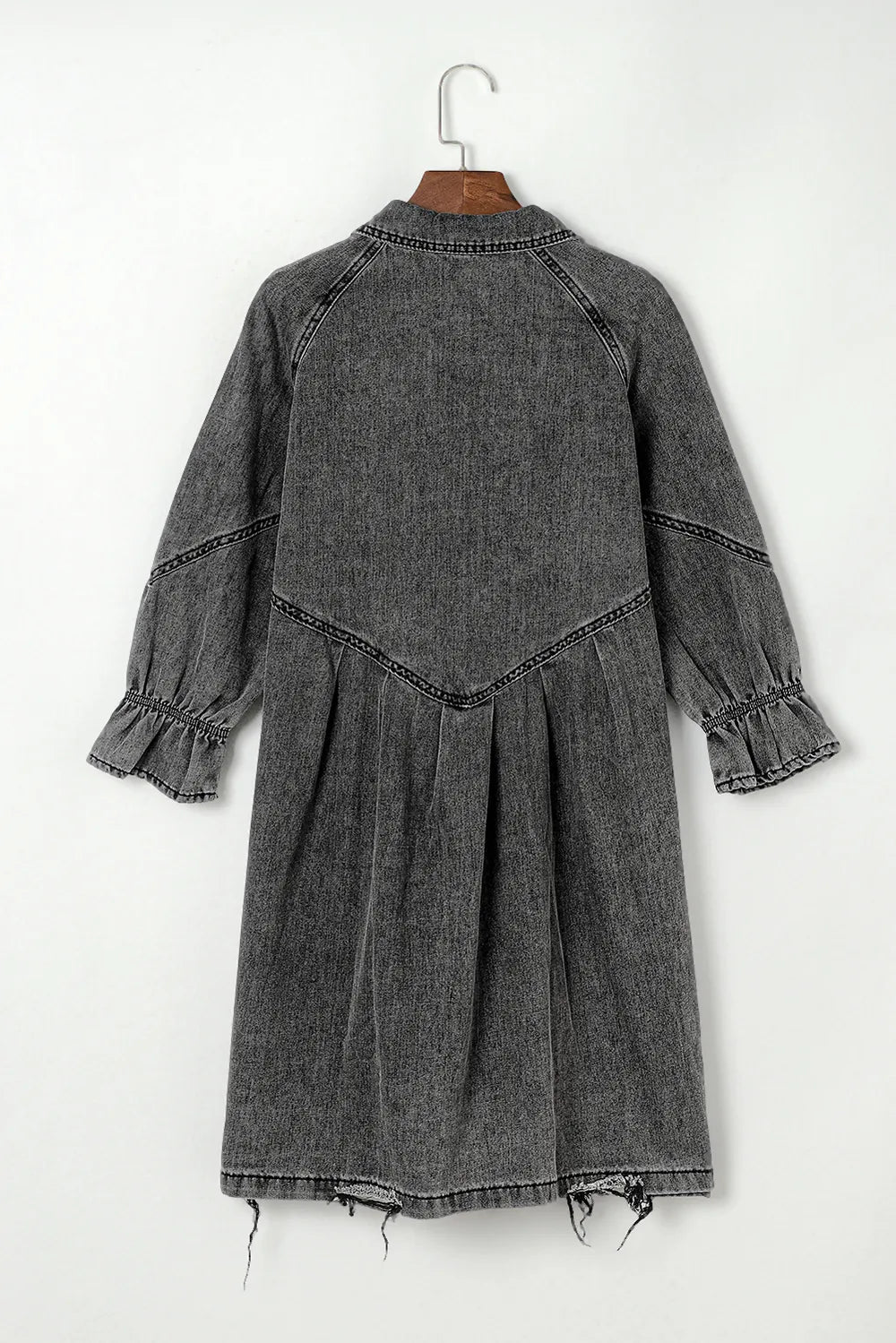 Distressed Collared Neck Flounce Sleeve Denim Dress 