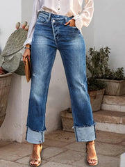 Stepped Waist Raw Hem Rolled Straight Jeans 