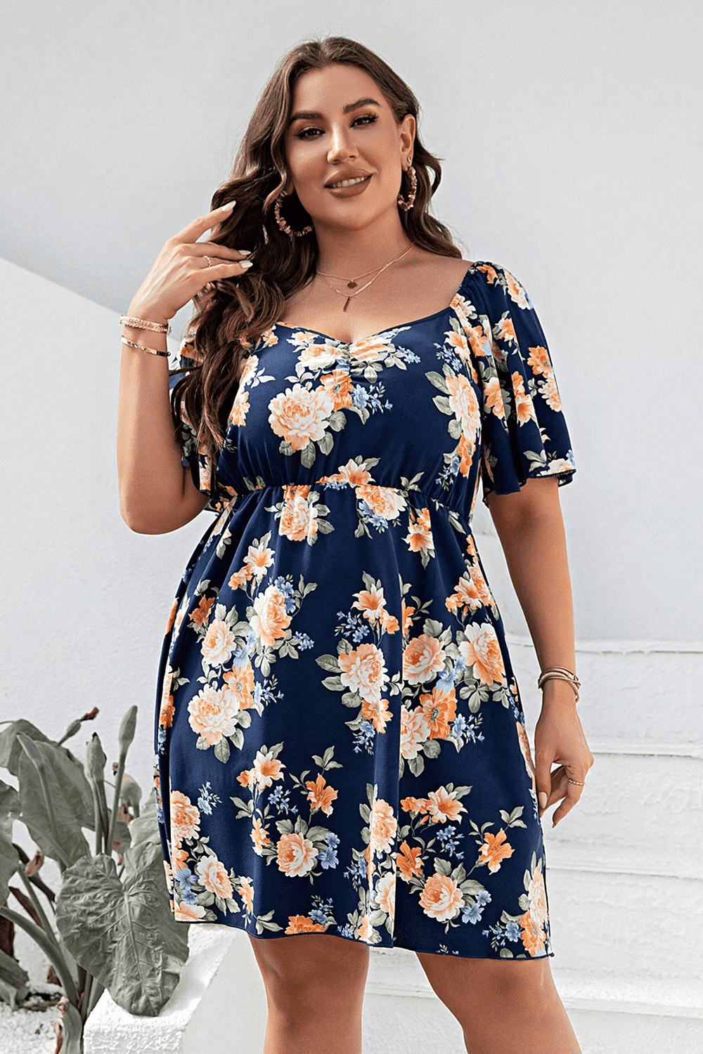 Plus Size Floral Print V-Neck Flutter Sleeve Mini Dress 