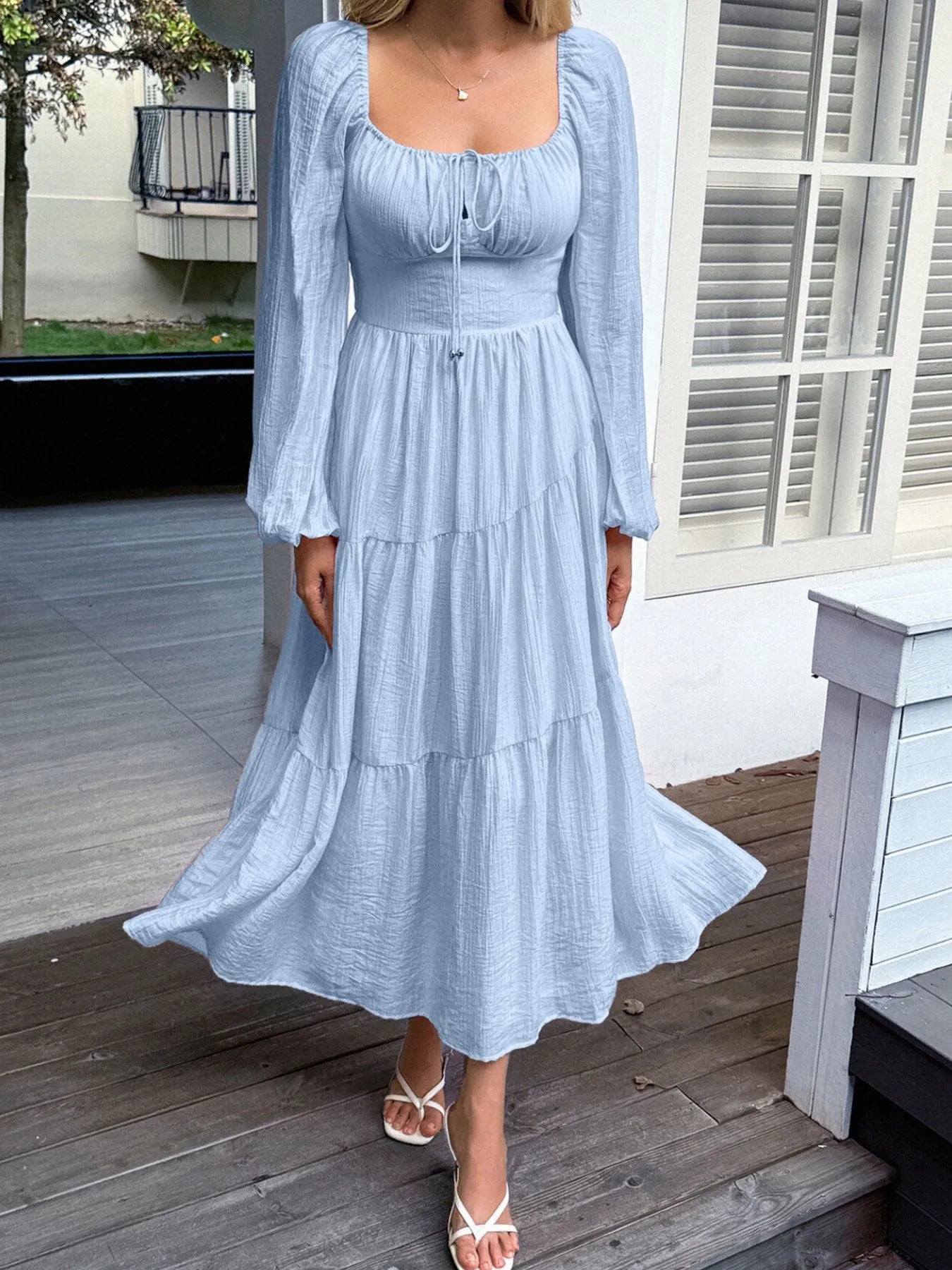 Tiered Balloon Sleeve Midi Dress 