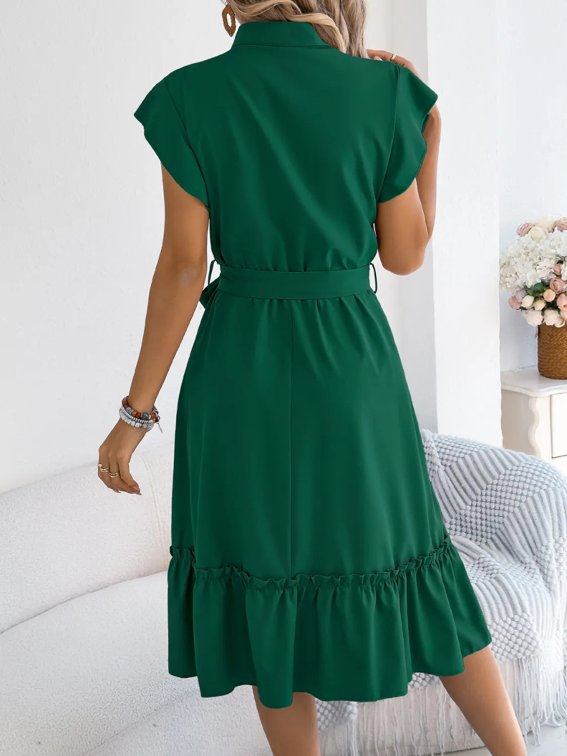 Tie Waist Ruffled Cap Sleeve Dress 