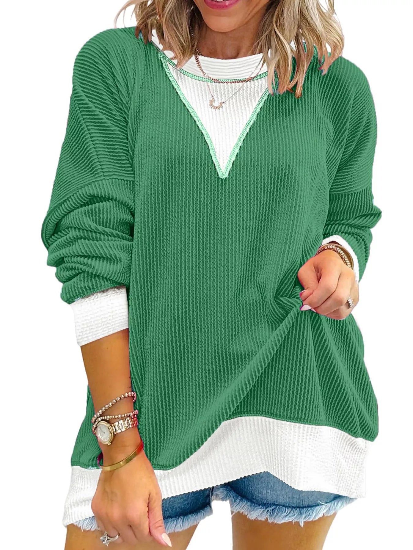Two-Tone Ribbed Knit Sweatshirt 